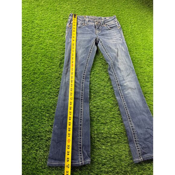Miss Me Womens Bootcut Jeans Dark Wash Bling Stretch Low Rise Sz 25 32L Y2K Flap - Picture 8 of 13